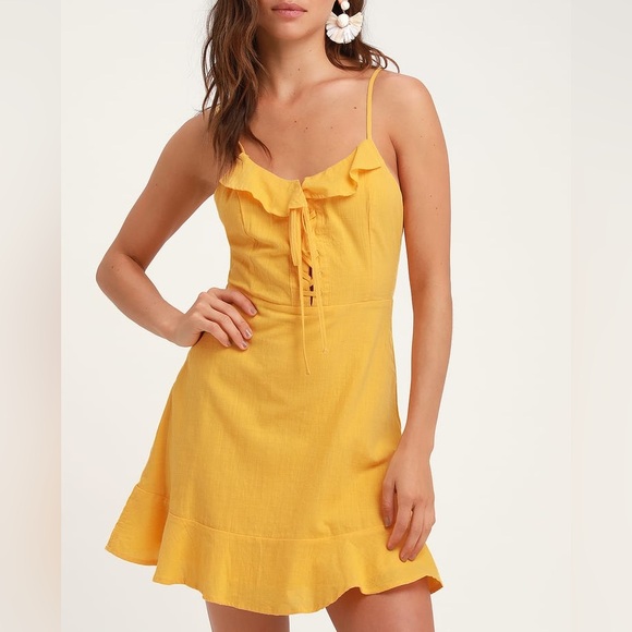Lulus Here To Dance Yellow Lace-Up Mini Dress. New With Tags. - Picture 2 of 12